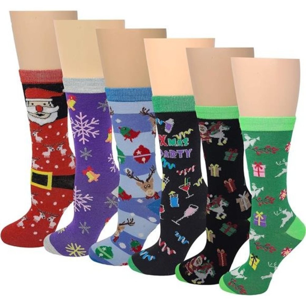 Women Stretchy Novelty Crew Colorful Fancy Crazy Design Soft Socks 6 Pairs